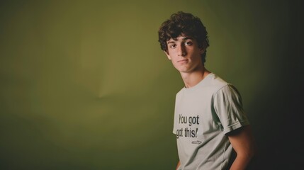 A young man poses against a solid green backdrop, wearing a t shirt with quote "You got this!"printed on it