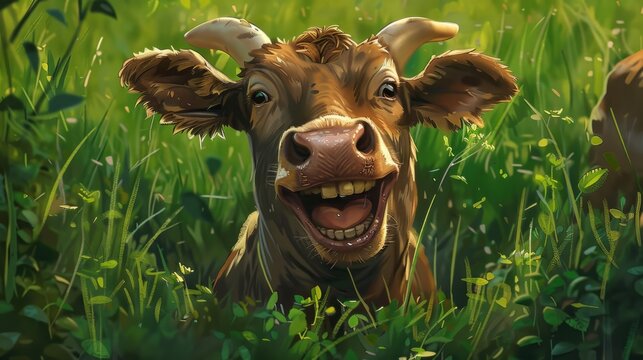 Funny and happy smiling cow in a frame of lush green grass generative ai