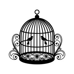 Birds black cage silhouette art, white background