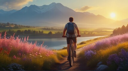 Um homem pedalando por uma exuberante paisagem ao pôr-do-sol. - obrazy, fototapety, plakaty