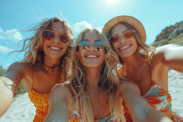 Young women taking a group selfie on a sunny beach