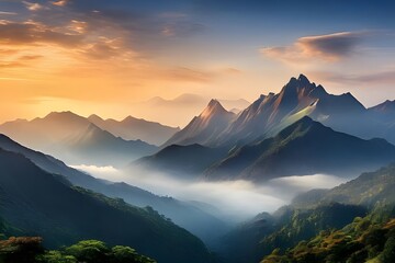 a majestic mountain range shrouded in mist and surrounded by lush valleys