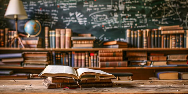Vintage Academic Study Scene with Books and Blackboard