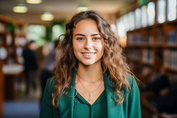 Cheerful Young Woman Smiling in Library Environment