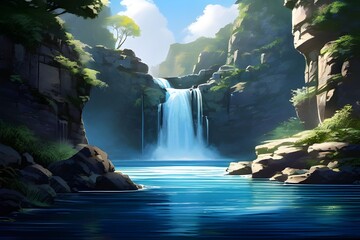 a tranquil waterfall cascading down rocky cliffs into a serene pool below