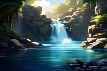 a tranquil waterfall cascading down rocky cliffs into a serene pool below