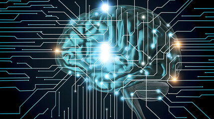Digital Brain World: Illustration of a head with a bulb symbolizing technology, connected to a global network representing communication and information exchange in the digital age
