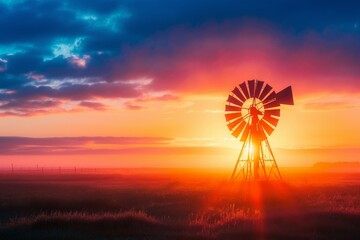 A windmill stands tall in a vast field bathed in the warm hues of the setting sun, A windmill during a vibrant sunrise, AI Generated