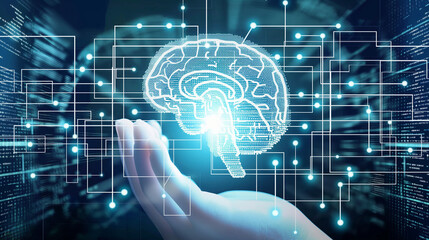 Fototapeta premium Digital Brain World: Illustration of a head with a bulb symbolizing technology, connected to a global network representing communication and information exchange in the digital age