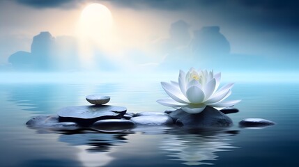 Obraz premium scène zen, cairn et nénuphar, bien-être , relaxation et spa, généré par IA 