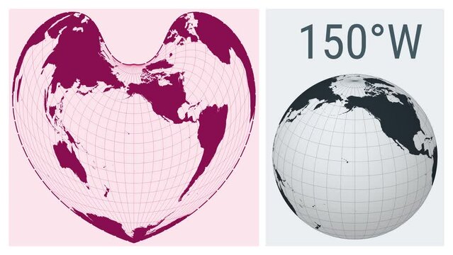 World Map Animation. Bonne pseudoconical equal-area projection. Solid color style. Animated world map in Bonne projection. Loopable animation showing longitude shift and matching globe.