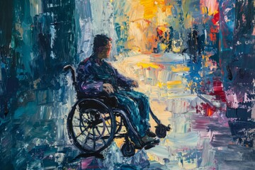 A Painting of a Person in a Wheelchair, A work in the style of impressionism showing a human in a wheelchair, AI Generated