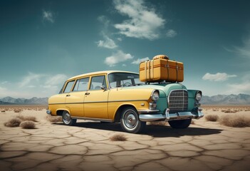 Fototapeta na wymiar An idyllic scene unfolds in the illustration, portraying a classic yellow car carrying an array of suitcases, a visual ode to the anticipation and joy of embarking on a family vacation.