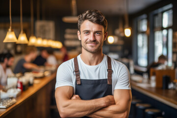 Fototapeta premium Confident Male Chef Standing Proudly in Bustling Restaurant Kitchen