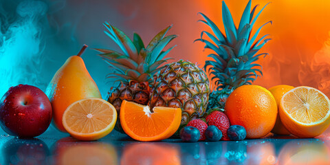 Vibrant Tropical Fruit Assortment on Colorful Misty Background