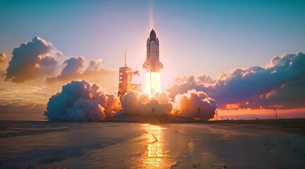 Rocket launch with smoke, slow-mo launch
