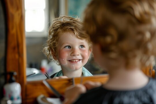 A little girl stands in front of a mirror, observing her reflection and surroundings, A young child getting their hair cut for the first time, smiling in the mirror, AI Generated