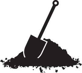 silhouette vector of shovel stuck in soil. Gardening vector tool. Labor tool icon
