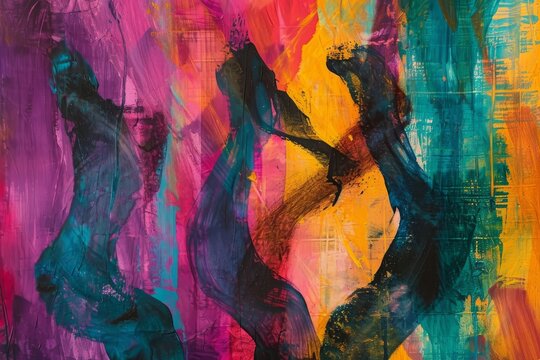 A lively painting featuring a woman gracefully dancing on a vibrant and colorful background, Abstract art inspired by dance fitness forms like Zumba and Flamenco, AI Generated