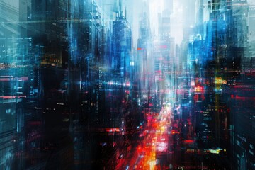 This photo depicts a detailed painting of a bustling city with a multitude of tall buildings reaching into the sky, Abstract, dreamlike interpretation of futuristic city life, AI Generated - obrazy, fototapety, plakaty