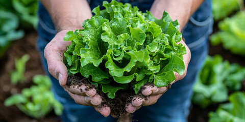 Farmer Holding Fresh Organic Lettuce in a Sustainable Farm - obrazy, fototapety, plakaty