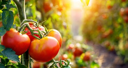  Juicy tomatoes on the farm in sunlight 