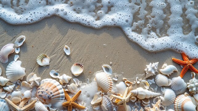 Sandy beach with seashells and starfish scattered around, creating a natural and textured background.