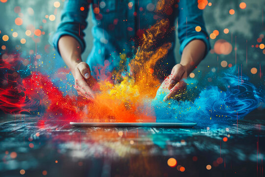 A person in a blue shirt is holding their hands over a tablet. The tablet is emitting a colorful powder explosion.