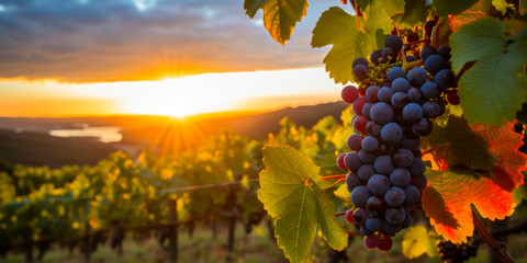 Golden Sunset Over Vineyard with Ripe Grapes - obrazy, fototapety, plakaty