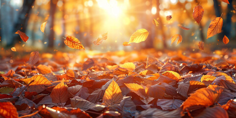 Autumn Splendor: Fallen Leaves Bathed in Golden Sunset