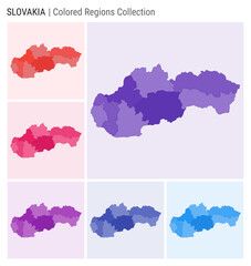 Slovakia map collection. Country shape with colored regions. Deep Purple, Red, Pink, Purple, Indigo, Blue color palettes. Border of Slovakia with provinces for your infographic. Vector illustration.