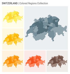 Switzerland map collection. Country shape with colored regions. Blue Grey, Yellow, Amber, Orange, Deep Orange, Brown color palettes. Border of Switzerland with provinces for your infographic.