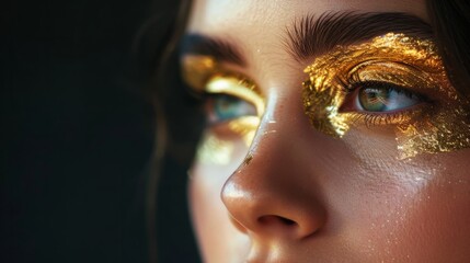 Fototapeta premium beautiful woman, golden patches for the eyes, black background. generative ai