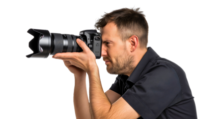 Photographer holding a digital camera, taking a photo, isolated on transparent background. Professional equipment, adult man taking a picture, journalist business or hobby
