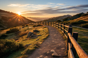 Serene Sunset Over Mountain Pathway with Lush Greenery