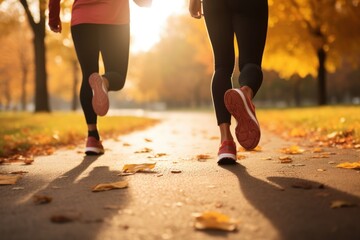 Couple during jogging workout in an autumn city park. Keeping fit in any age. Cropped image. Legs close-up.