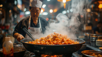 A steaming hot pot filled with traditional Chinese delicacies, surrounded by chopsticks and...