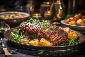Succulent Roasted Beef Tenderloin with Herbs and Potatoes on Elegant Dining Table