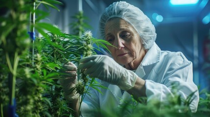 An elderly female scientist is dedicated to cultivating medical cannabis with care and precision in a cutting-edge laboratory, where her expertise shines.