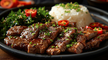 A sizzling hot plate of fragrant black pepper beef, serv-1ed with steamed rice and greens, a feast for meat lovers