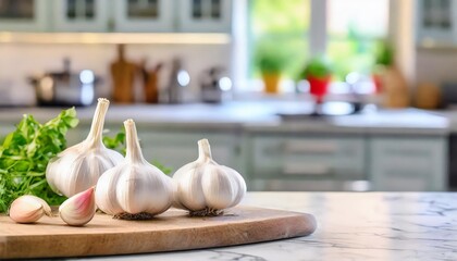A selection of fresh vegetable: garlic, sitting on a chopping board against blurred kitchen background; copy space