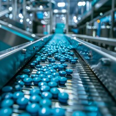 Blue Capsules are Moving on Conveyor at Modern Pharmaceutical Factory.
