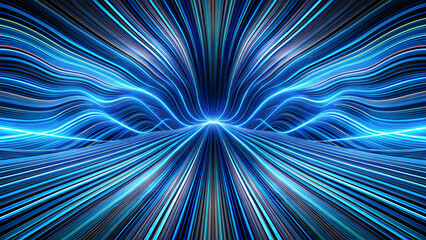 Blue light streaks create an illusion of speed and motion within a dark tunnel. AI generated illustration.