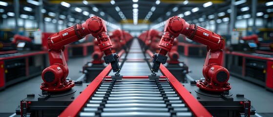 Synchronized Precision: Robots at Work in Future Factory. Concept Automation, Robotics, Future Technology, Precision Manufacturing, Smart Factories - obrazy, fototapety, plakaty