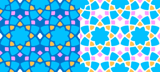 Seamless pattern with floral and geometric elements which forming abstract mosaic ornament in arabic style. Vector illustration