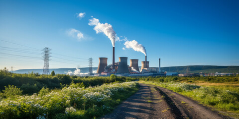 Fototapeta na wymiar Industrial Power Plant with Smokestacks Emission at Sunrise