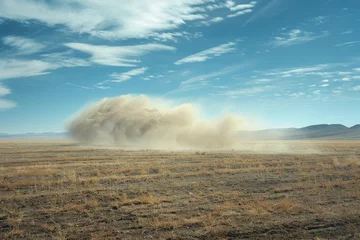 Foto op Aluminium Vast Desert Landscape with Impressive Dust Storm Under Blue Sky © smth.design