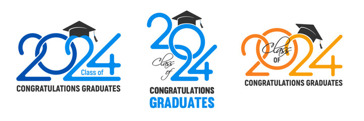 Design templates set for congratulations graduates class of 2024, overlays, logo or badges with black academic hat, numbers and congrats text for high school or college graduation. Vector illustration - obrazy, fototapety, plakaty