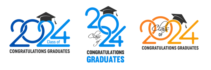  Design templates set for congratulations graduates class of 2024, overlays, logo or badges with black academic hat, numbers and congrats text for high school or college graduation. Vector illustration © Pagina