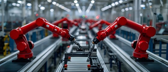 Synchronized Symphony of Red Robotic Arms in High-Tech Facility. Concept High-Tech Facility, Robotic Arms, Synchronized Symphony, Red Color Palette